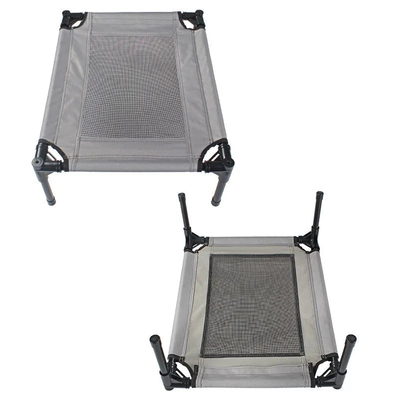 Black outdoor dog bed with removable oxford cloth cover and steel frame measuring 55cm long