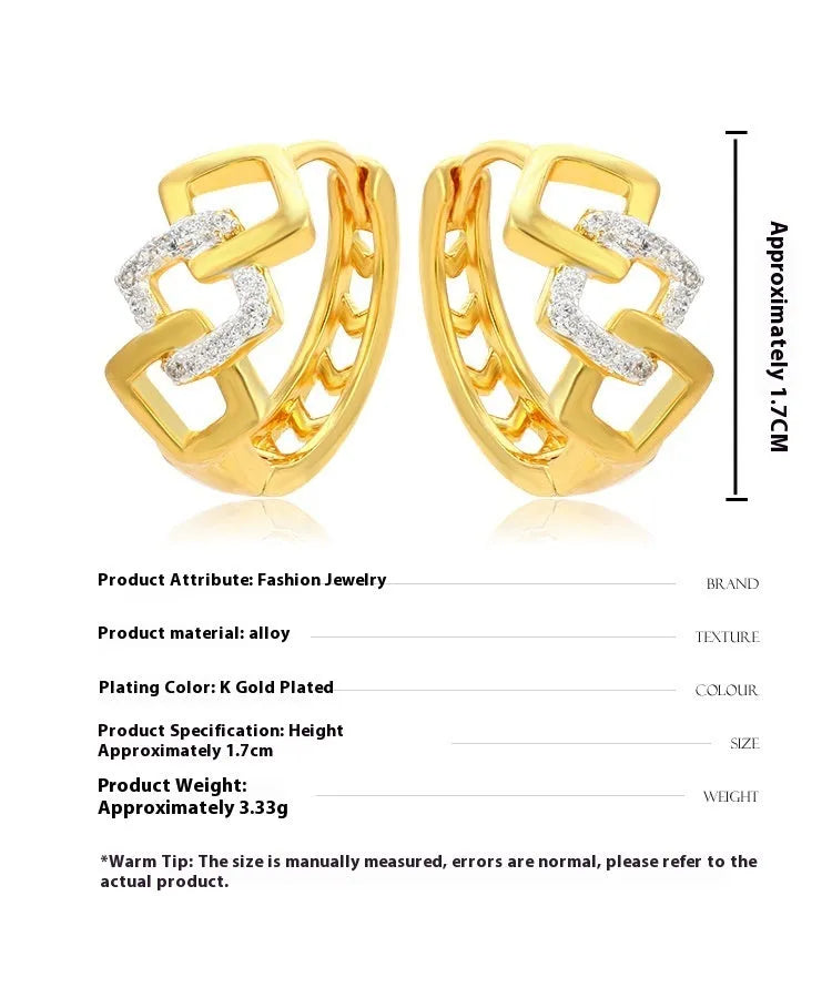 Gold geometric hollow out alloy earrings with ear clip fastening shown from front angle