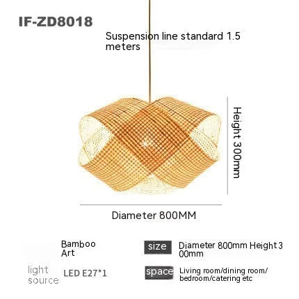 Rattan woven ceiling lamp in New Chinese style with adjustable height feature