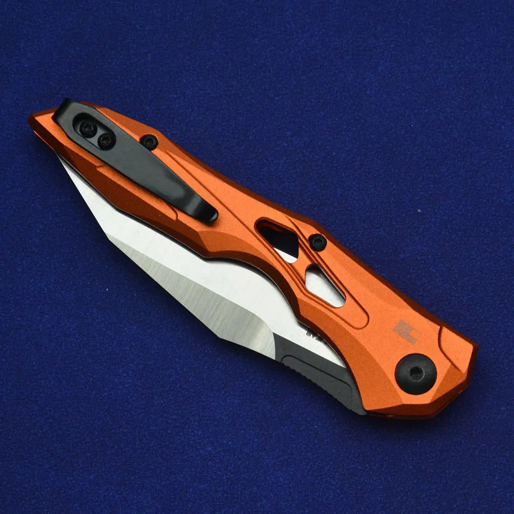 Black folding fruit knife with D2 steel blade and aviation aluminium handle measuring 19cm length