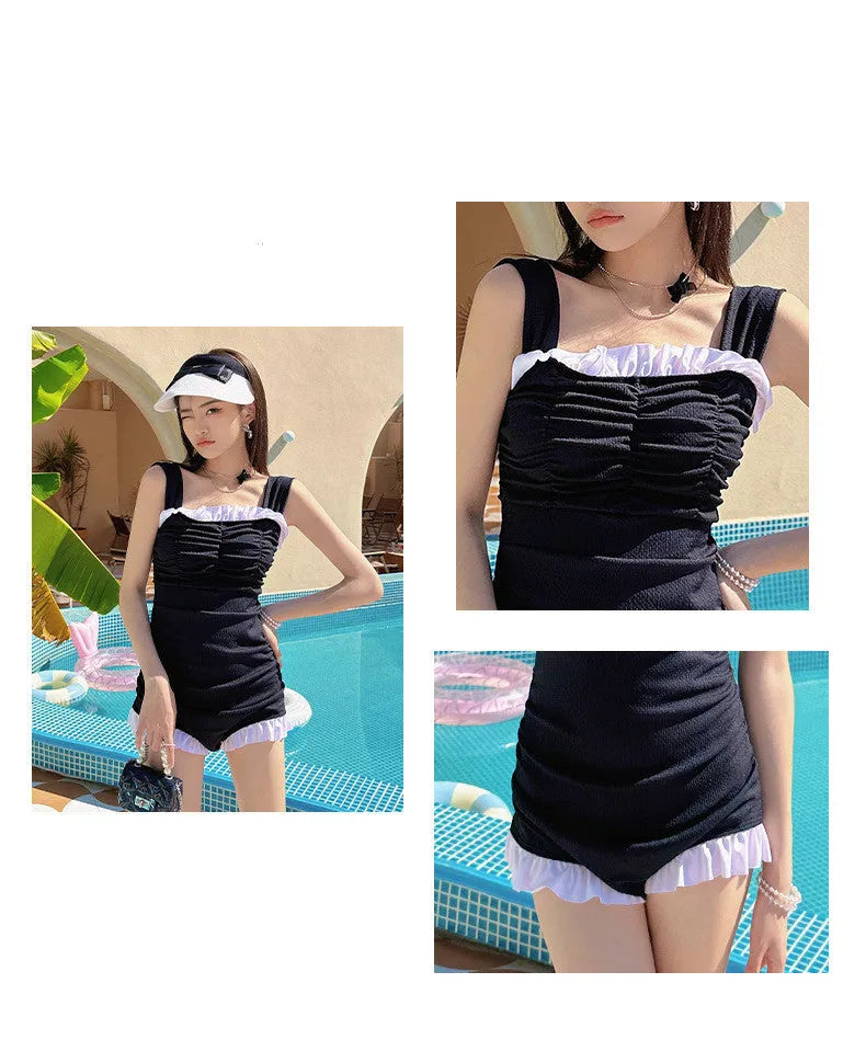 Women's solid colour one-piece swimsuit with suspender straps in pink, green or black options