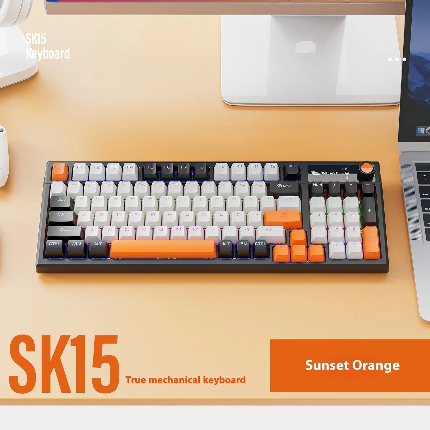 SK15 wired mechanical keyboard with control knob in Autumn Water Blue colour on desk