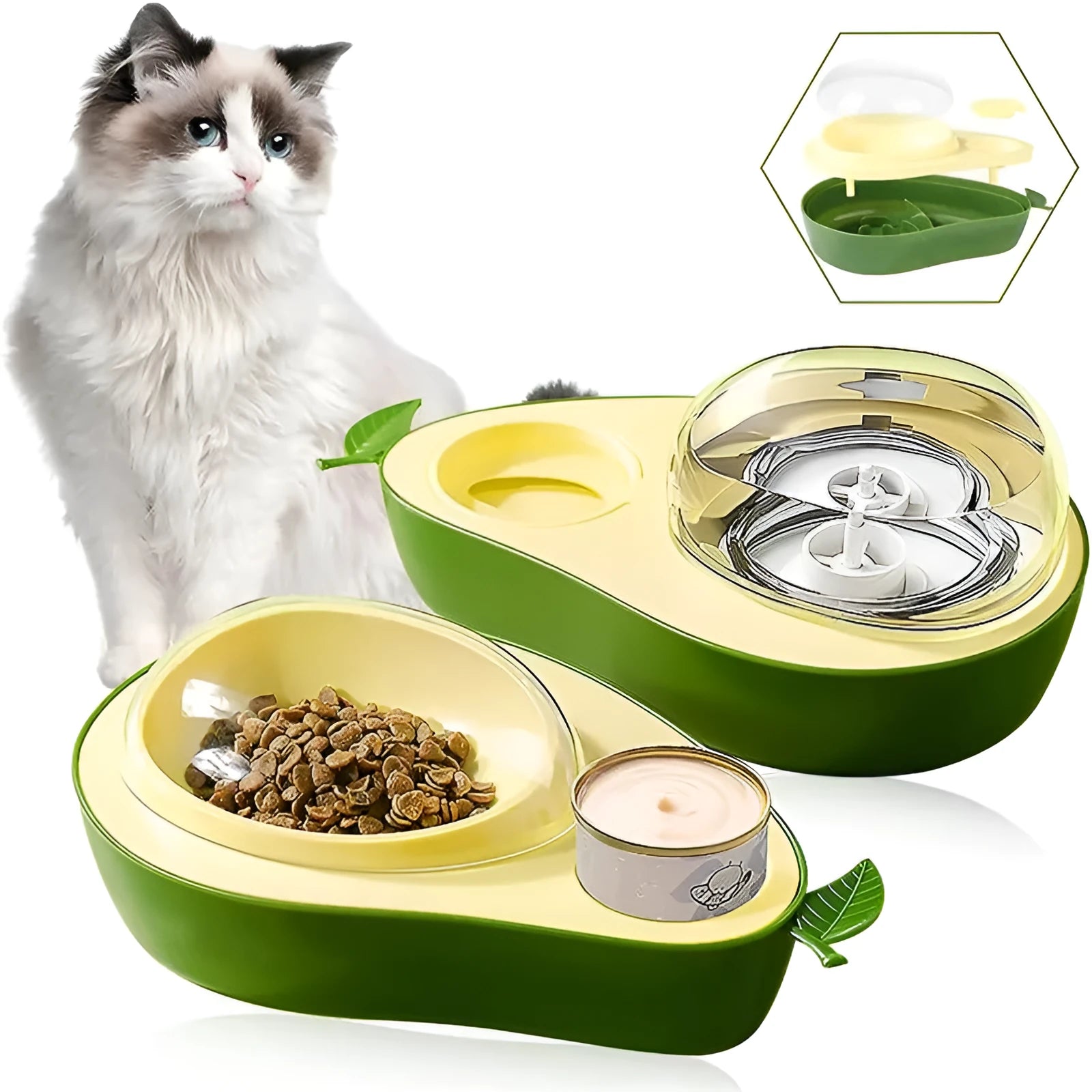 Avocado shaped automatic cat water dispenser and slow feeder bowl set