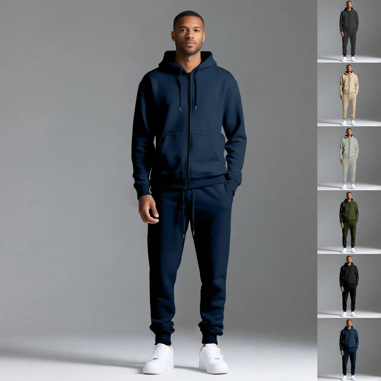 Men's solid colour long-sleeve hooded sportswear set with matching jacket and pants in black cotton polyester blend