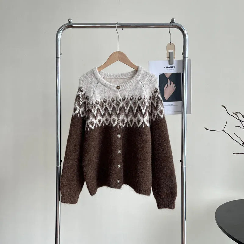 Women's loose fit jacquard sweater coat in milky white colour