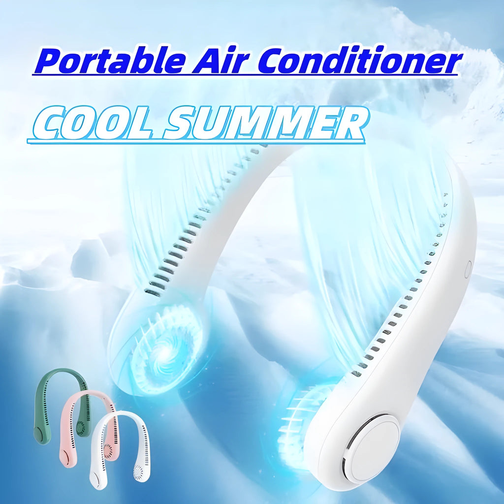 White rechargeable bladeless neck fan hanging around a person's neck showing minimalist plastic design