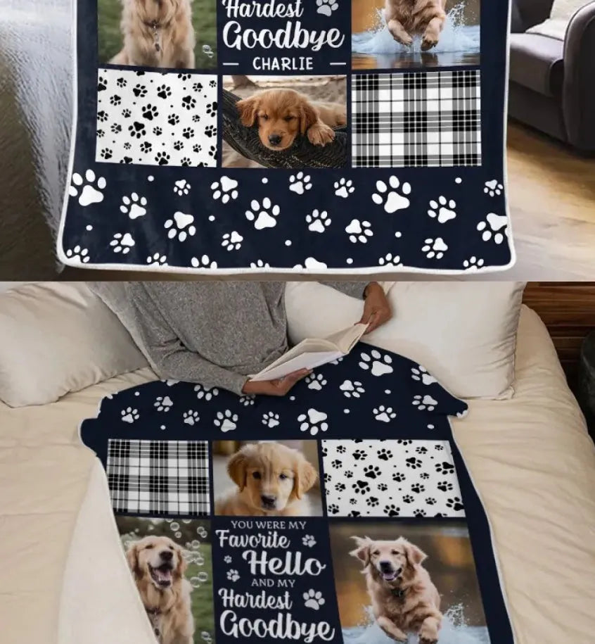 White super soft flannel pet dog blanket laid flat, showing its texture, with size options for 80x100cm, 130x150cm, and 150x200cm.