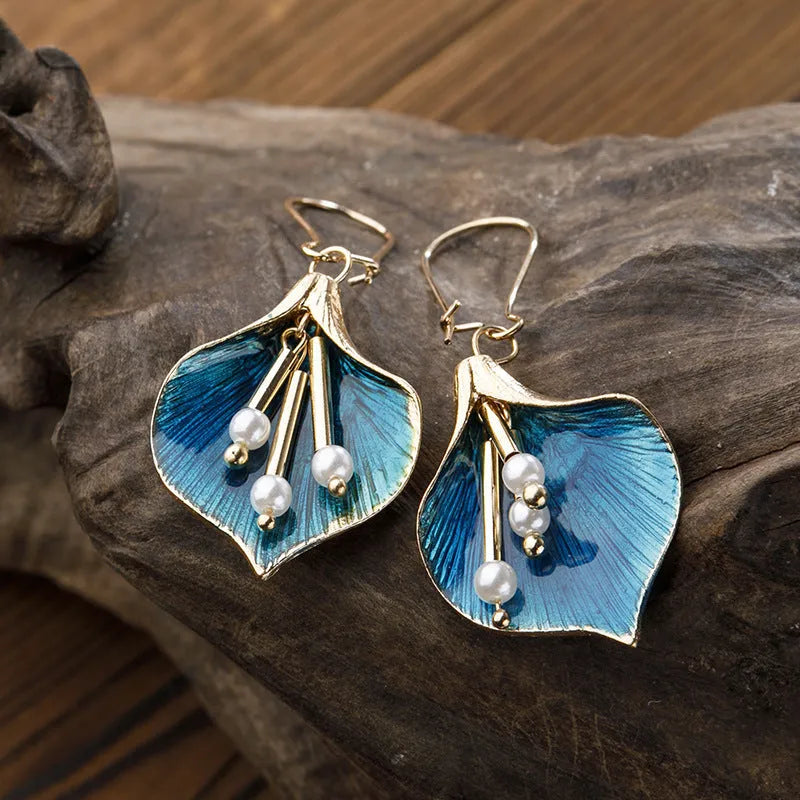 Retro flower earrings for women, alloy electroplated finish, blue and green colour options