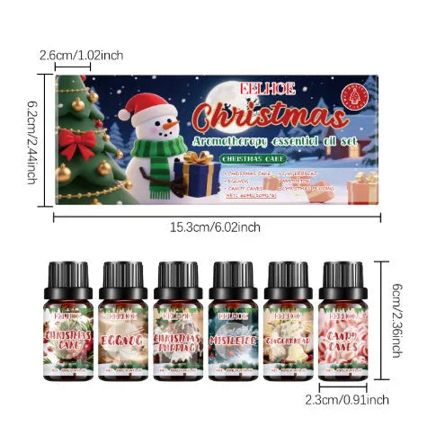 Christmas aromatherapy oil set showing six bottles including one 60ml large bottle with warm home fragrance