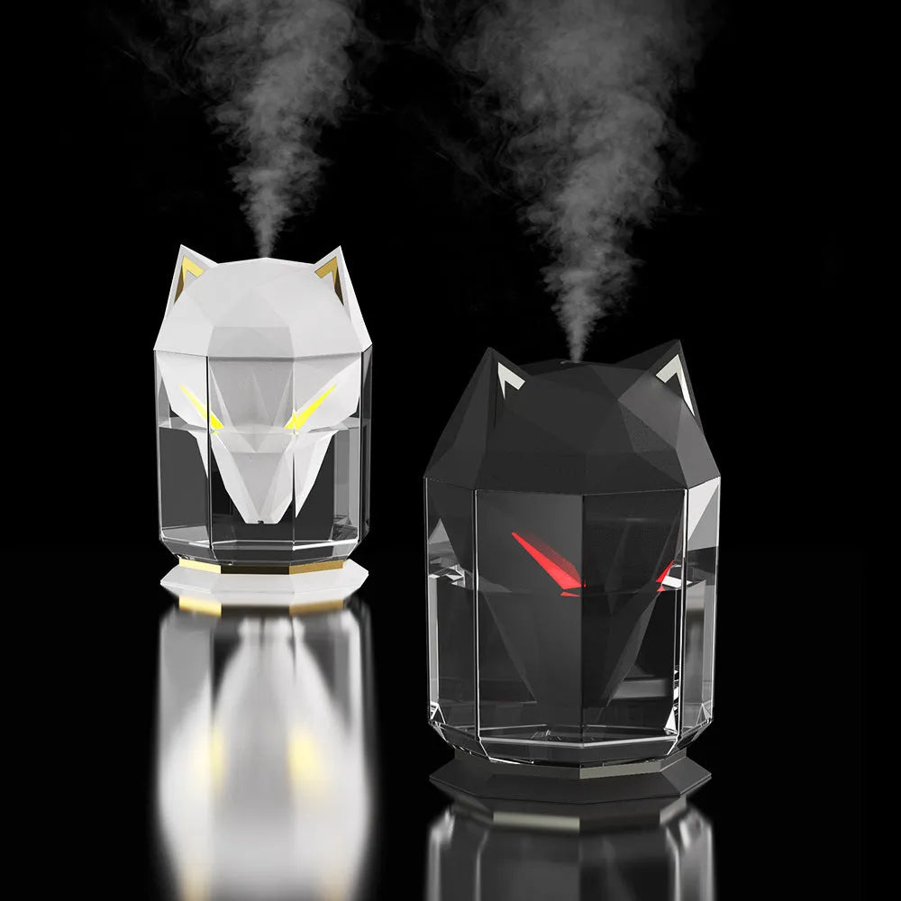 War Wolf desktop humidifier with LED lights showing mist output from 650ml tank