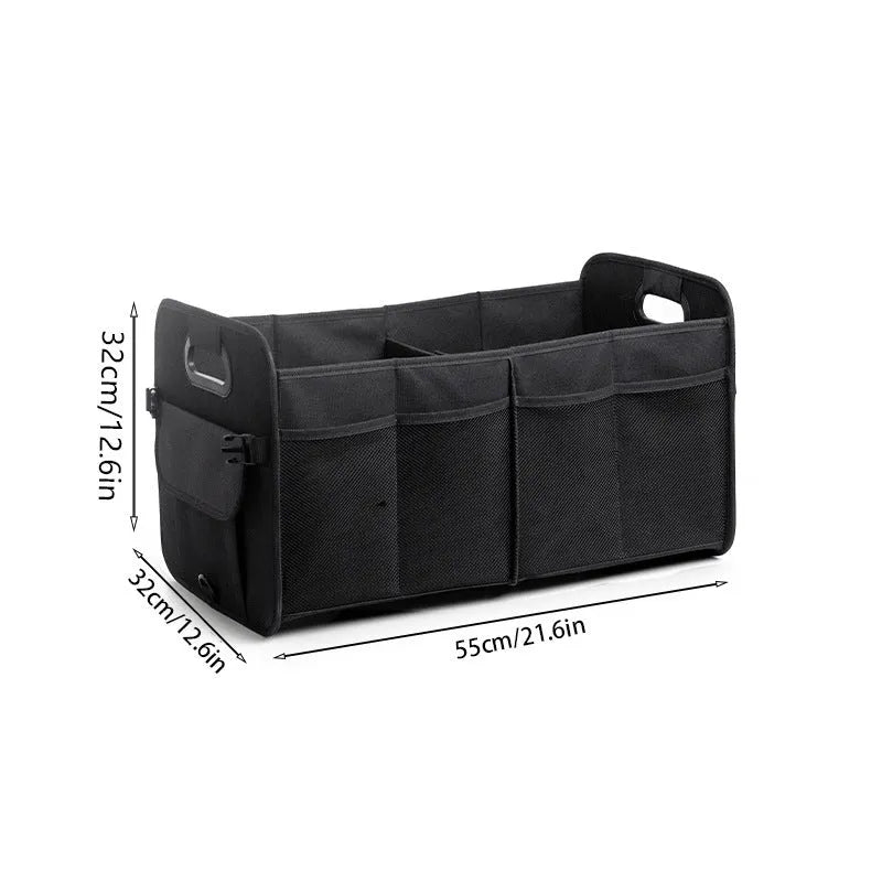 Black foldable fabric car trunk storage box with handles, shown with multiple compartments.