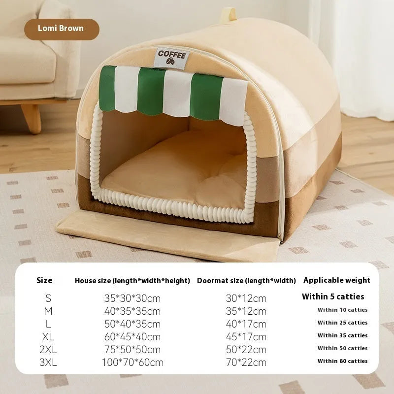 Sponge-filled dog bed with a colourful printed removable cover, shown in multiple size options for large dogs.