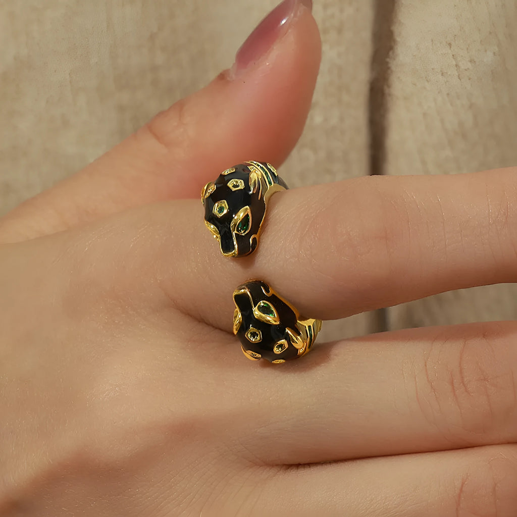 Women's black cheetah print geometric open ring with oil drip effect, size UK 7.