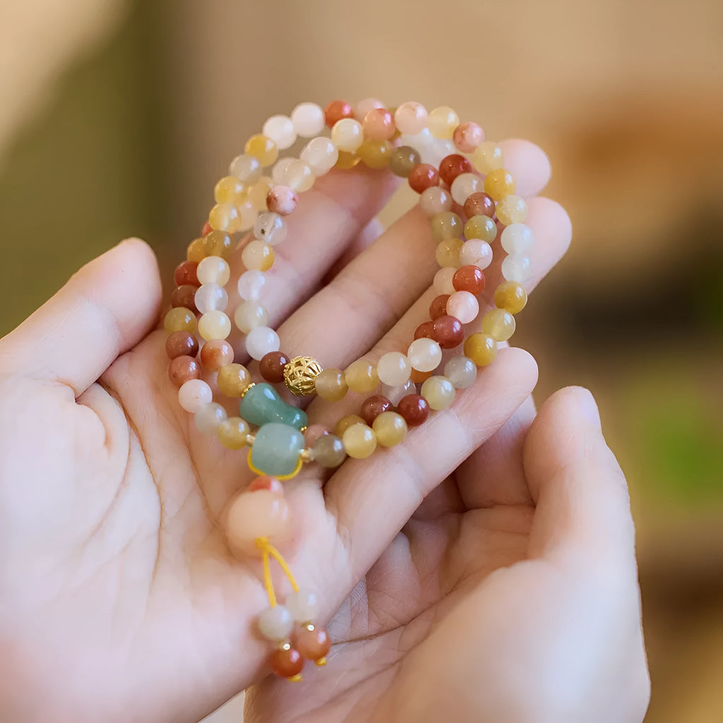 Women's three-circle pumpkin tassel bracelet in Jinsi Jade with 6mm beads