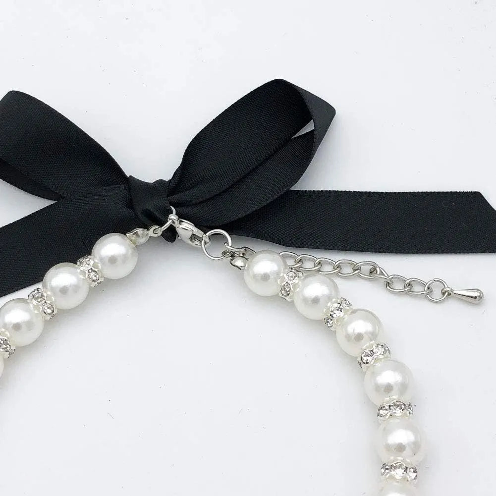 Adjustable diamond dog necklace with imitation pearls and rhinestones on soft ribbon collar