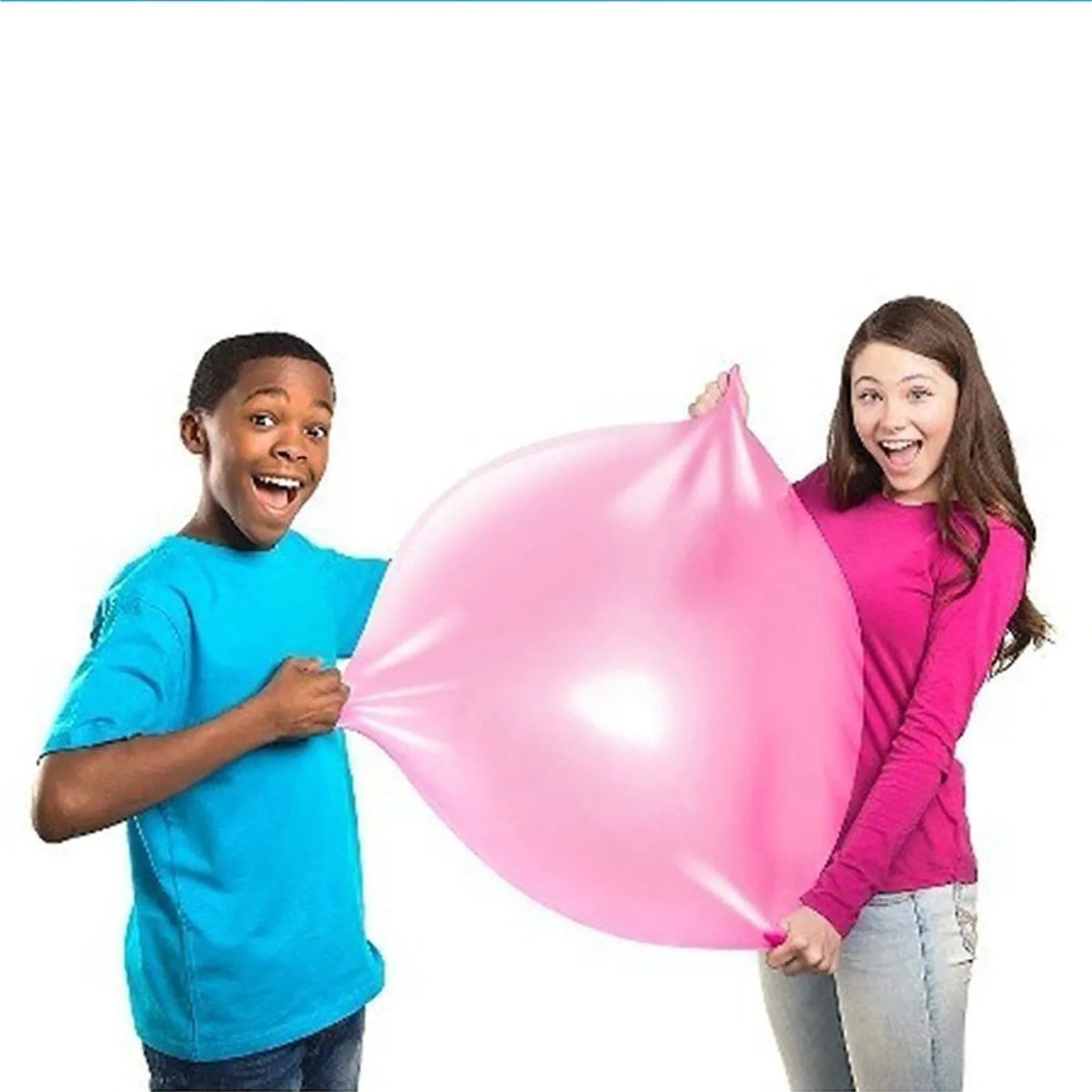 Large pink, yellow, green, and blue inflatable bouncy balls in different sizes for children's parties