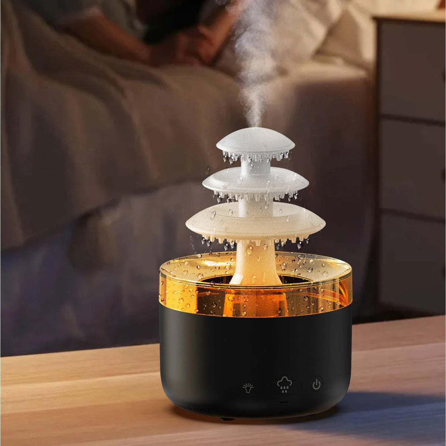 White Cloud Rain USB air humidifier and essential oil diffuser with colourful LED lights on