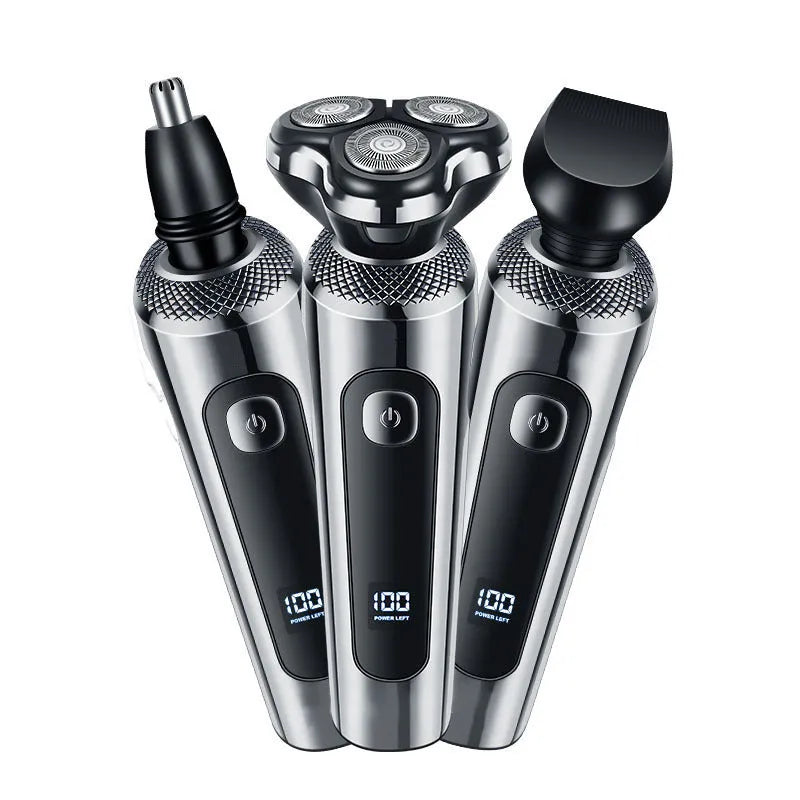USB rechargeable beard trimmer with digital display and washable design on five-in-one base bracket