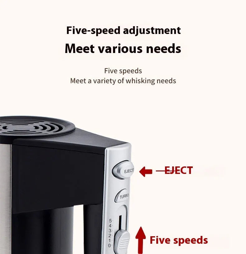 SL-25209 model 500W electric hand mixer with five-speed control and dual voltage compatibility.