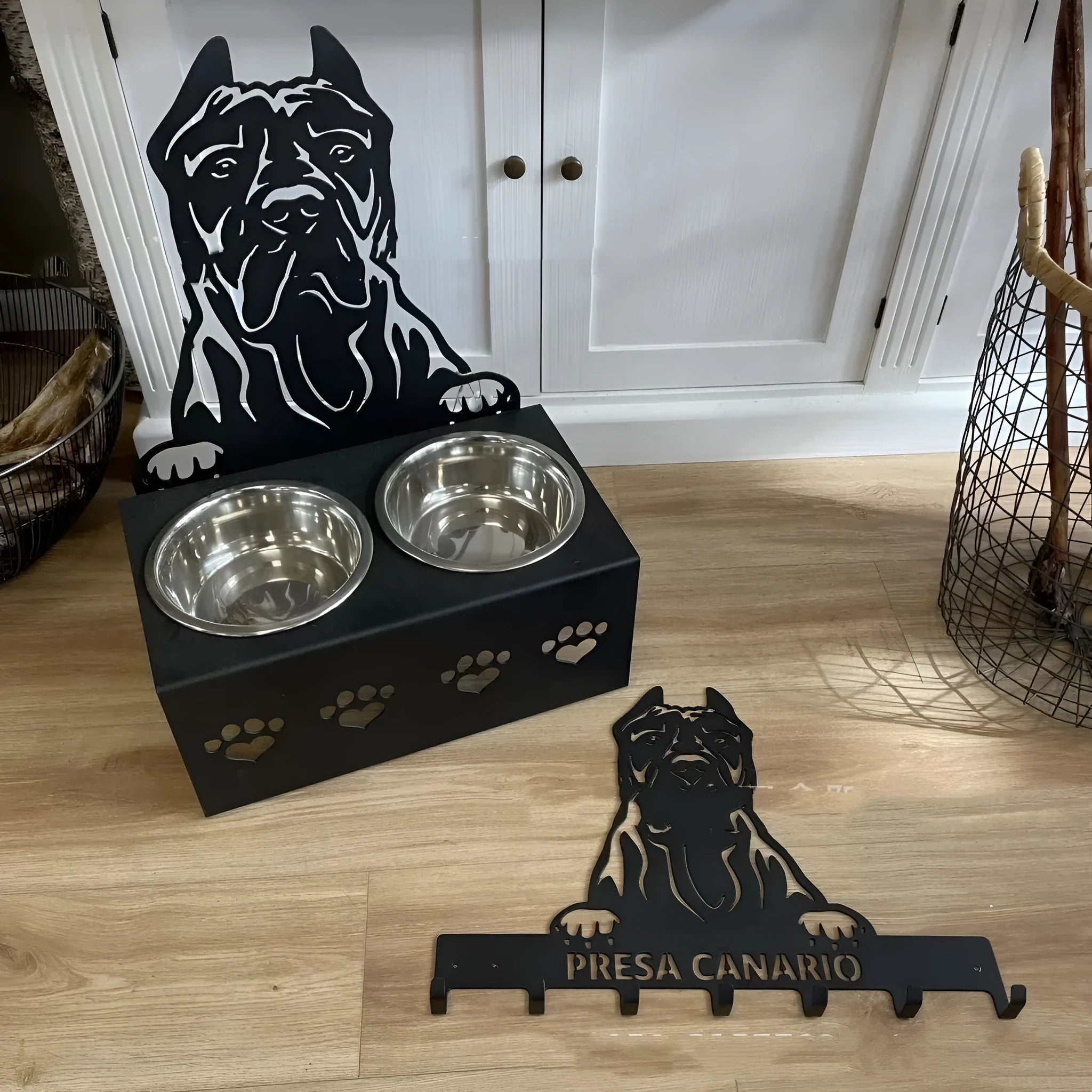 Personalised dog food bowl holder with stainless steel bowl and iron stand in selected colour