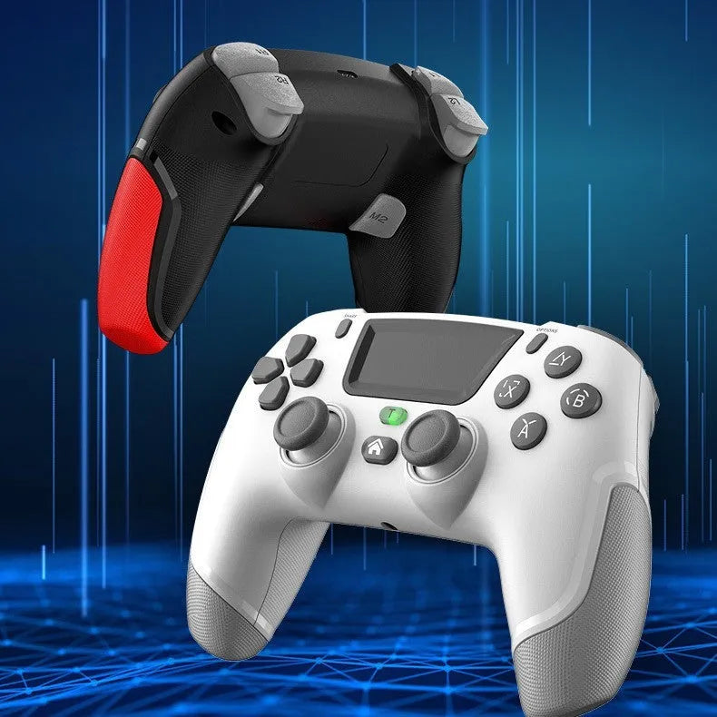 Fruit green wireless Bluetooth game controller for PS4, PC, mobile phone, and Nintendo Switch on a grey background.