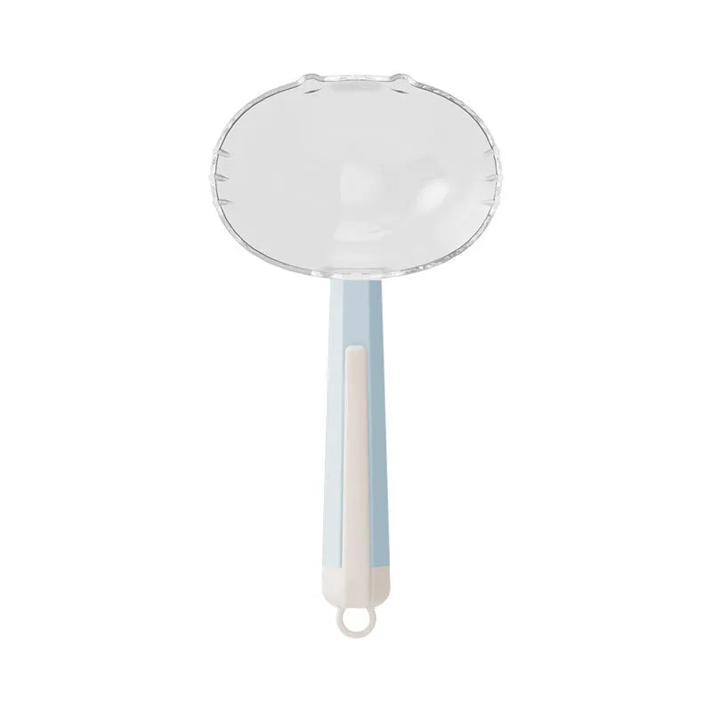 Blue plastic pet food spoon with an attached clip for sealing dog or cat food bags.