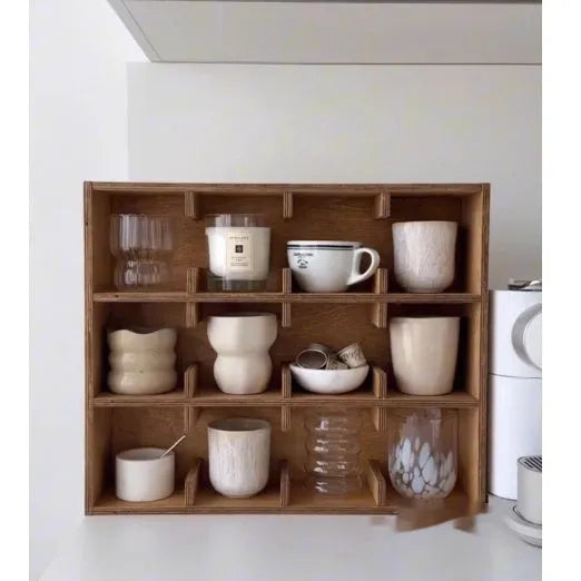Solid wood cup storage rack with square grids in birch wood meridian colour