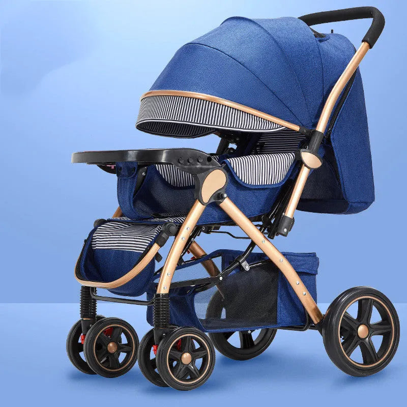 Lightweight folding reversible baby stroller with four-wheel shock absorption in multiple colour options