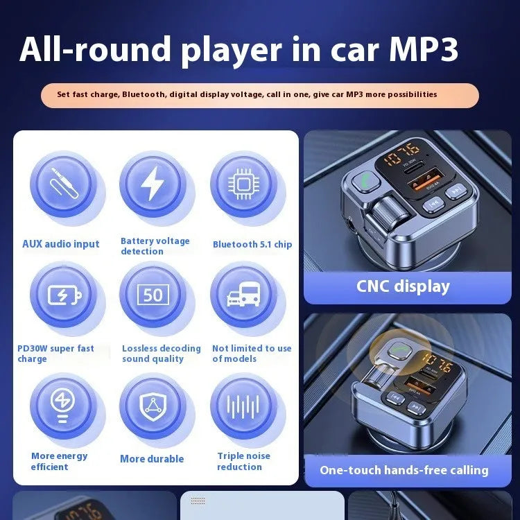 Car MP3 player and Bluetooth receiver with USB-C fast charging plugged into vehicle 12V socket