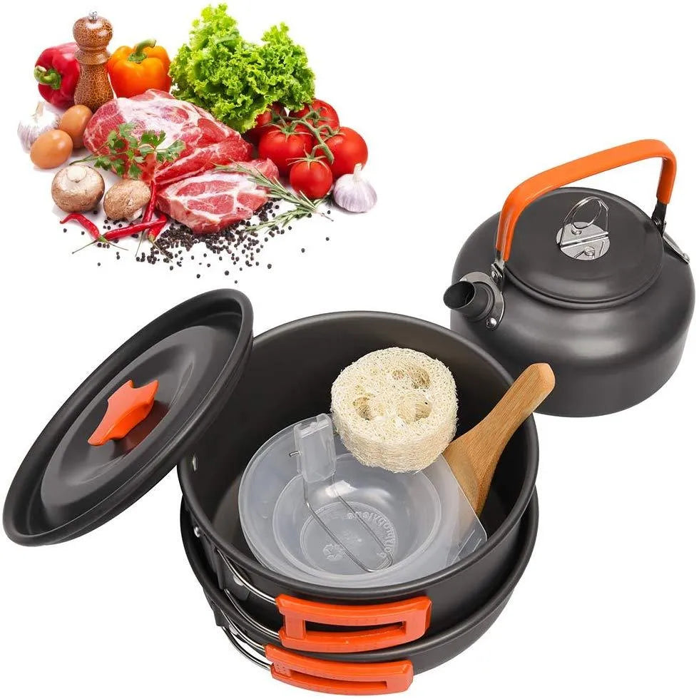 Orange camping cookware set with aluminium pots, pan, and utensils in a mesh bag