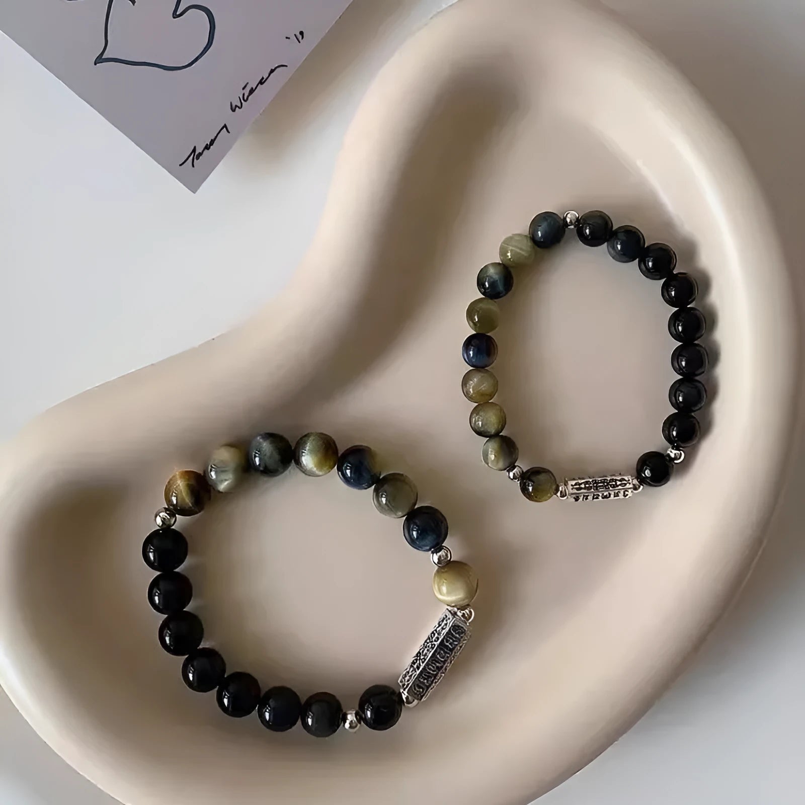 Tigereye Obsidian S925 sterling silver couple bracelet set with Chinese style geometric design