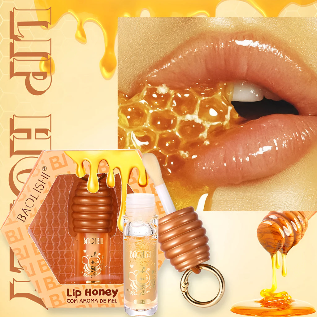 Honey lip gloss keychain with portable pannier bag carrier showing moisturising lip product