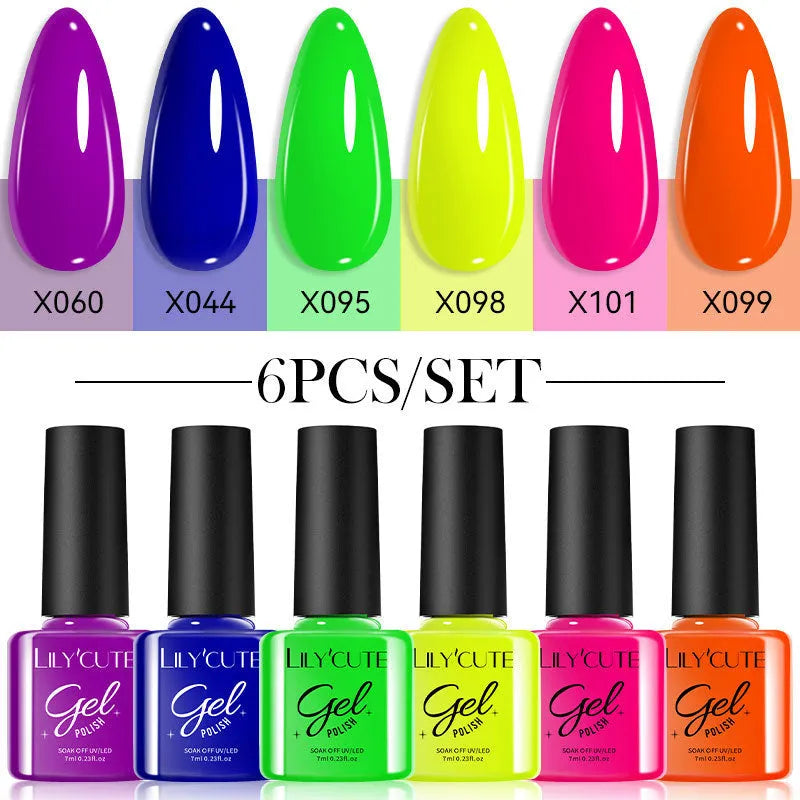 Set of 20 UV gel nail polish bottles in various colours including glitter and nude shades for nail art