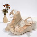 Women's wedge sandals with cloth upper and fish mouth toe design in black colour