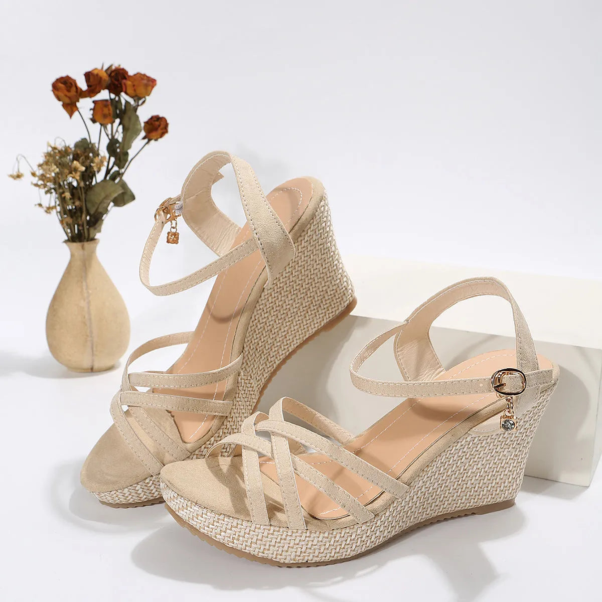 Women's wedge sandals with cloth upper and fish mouth toe design in black colour