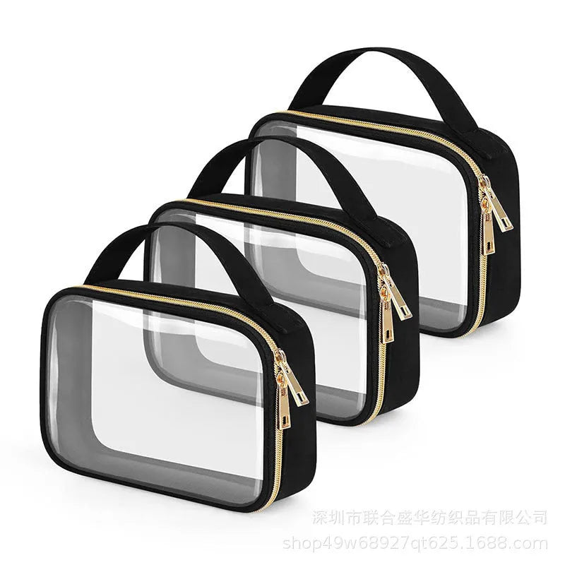 Transparent PVC wash bag with chain hanging, showing lipstick storage through clear material in multiple colour options