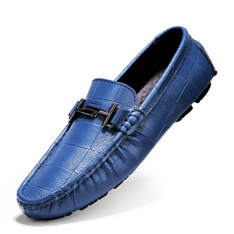 Men's brown leather casual shoes with belt buckle and flat rubber sole