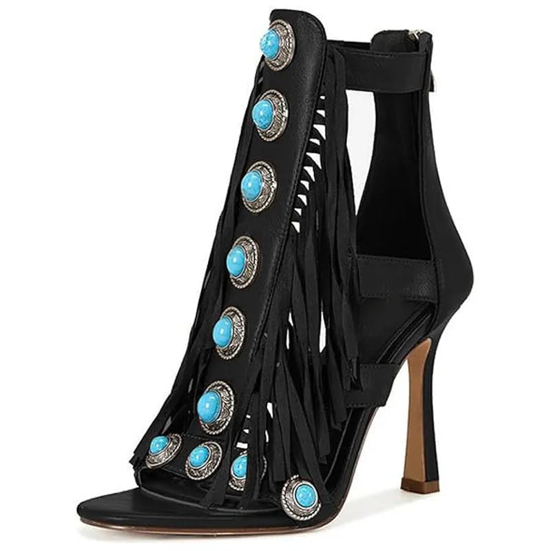 Women's brown round toe hollow tassel sandals with back zipper and super high heel over 8cm