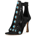 Women's brown round toe hollow tassel sandals with back zipper and super high heel over 8cm