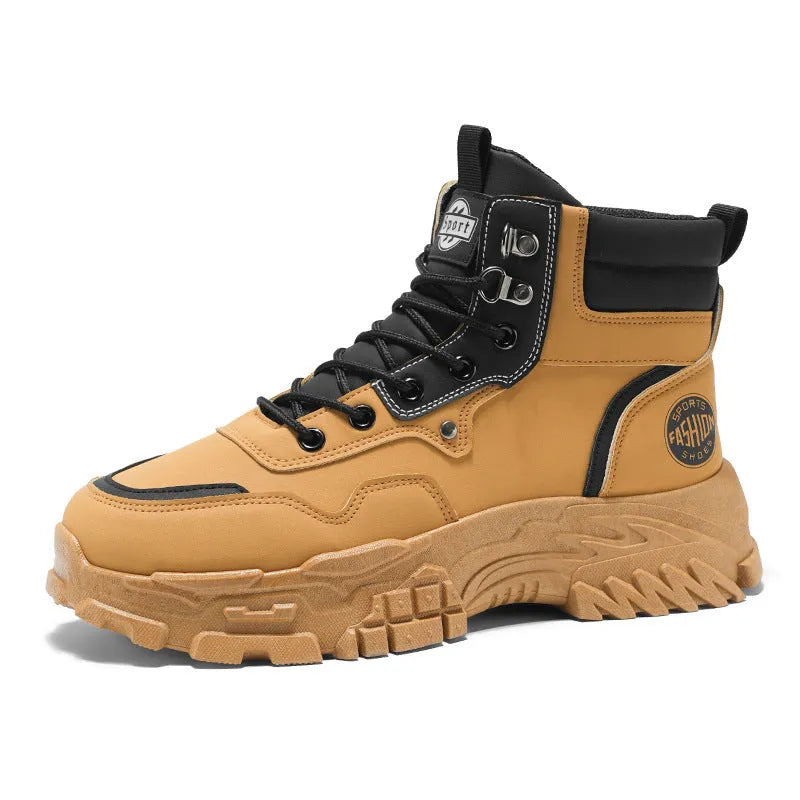 Men's black and yellow Martin work boots with mid-calf height and artificial PU upper