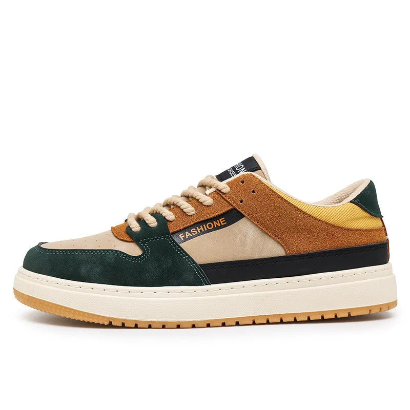 Men's casual lace-up board shoes in khaki green with round toe and flat heel