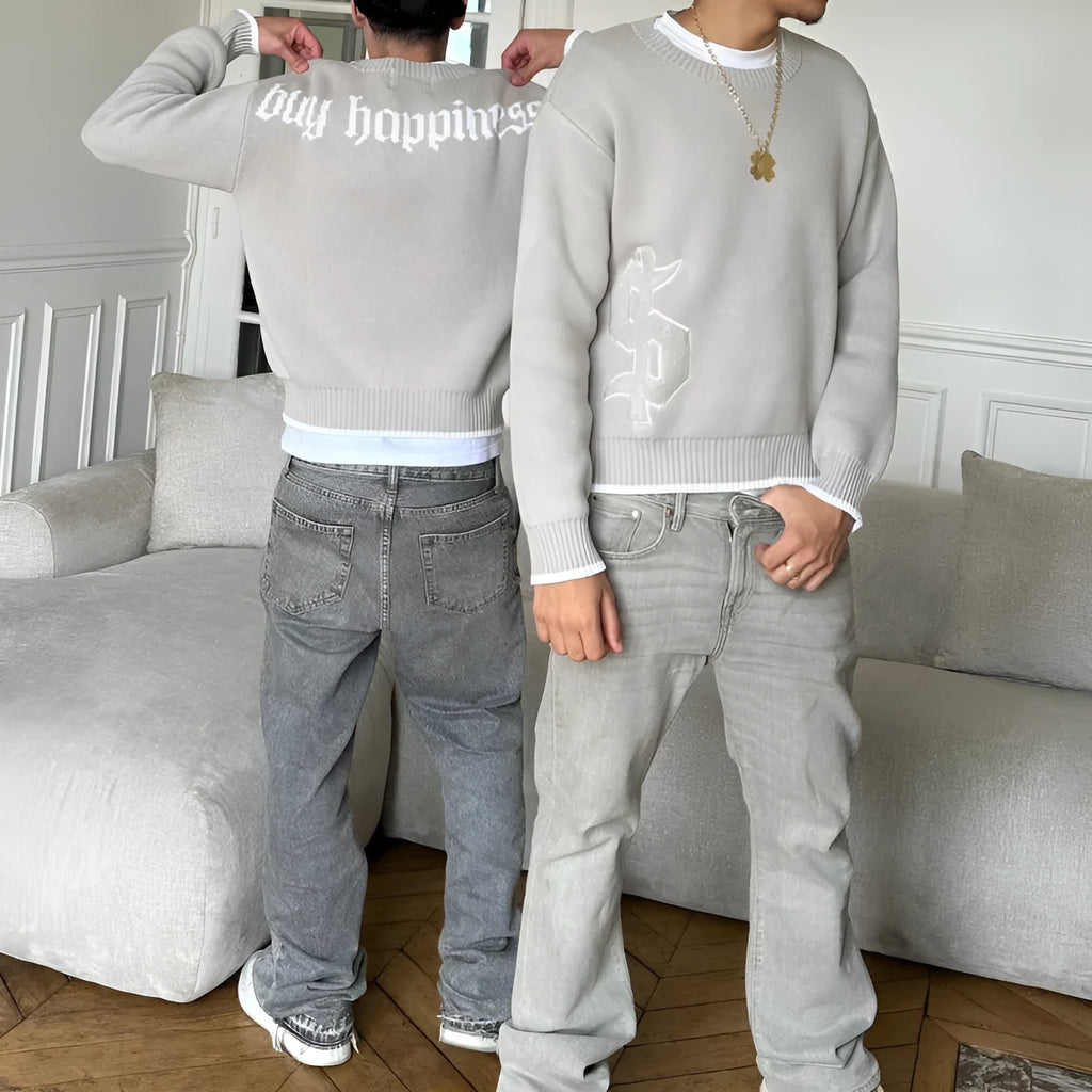 Grey jacquard pattern loose-fitting knitwear coat with long sleeves