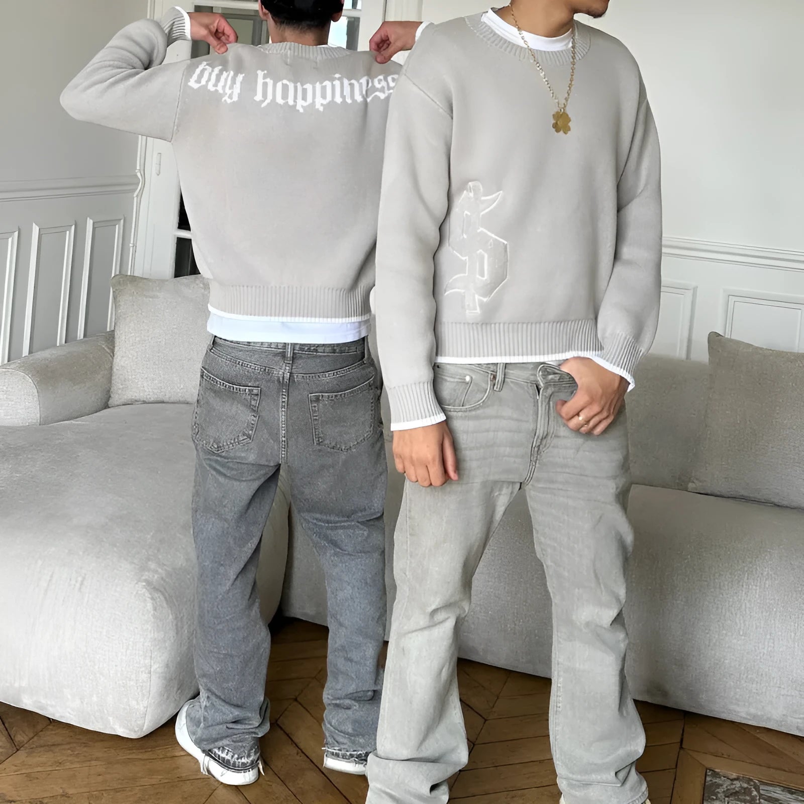 Grey jacquard pattern loose-fitting knitwear coat with long sleeves
