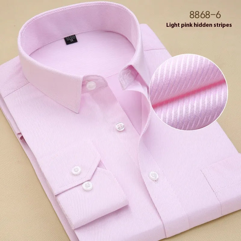 Men's black slim fit long sleeve cotton business shirt on a hanger.