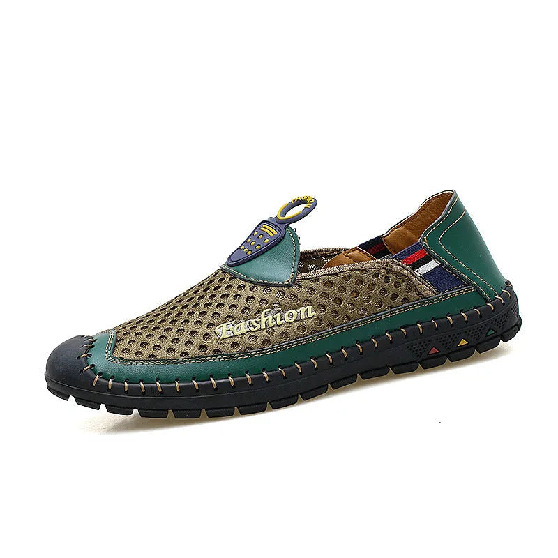 Men's brown breathable mesh casual shoes with round toe and non-slip rubber sole.