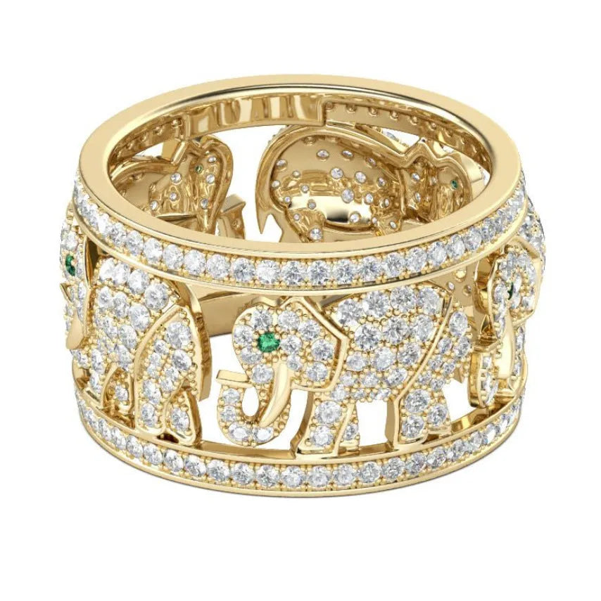 Elephant design fashion ring with diamond accents on an alloy band, shown in electroplated silver and gold colour variants.