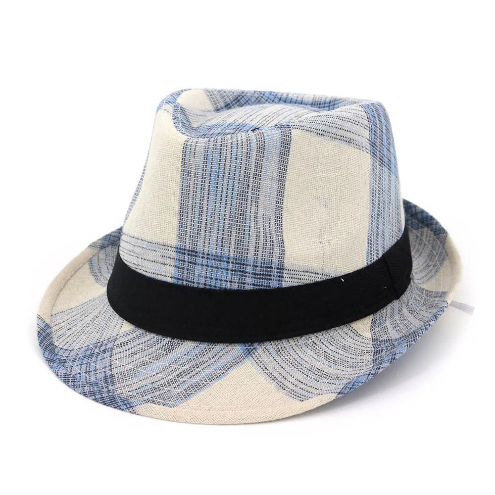 A blue polyester sun hat with a wide brim and bell-shaped crown on a neutral background.