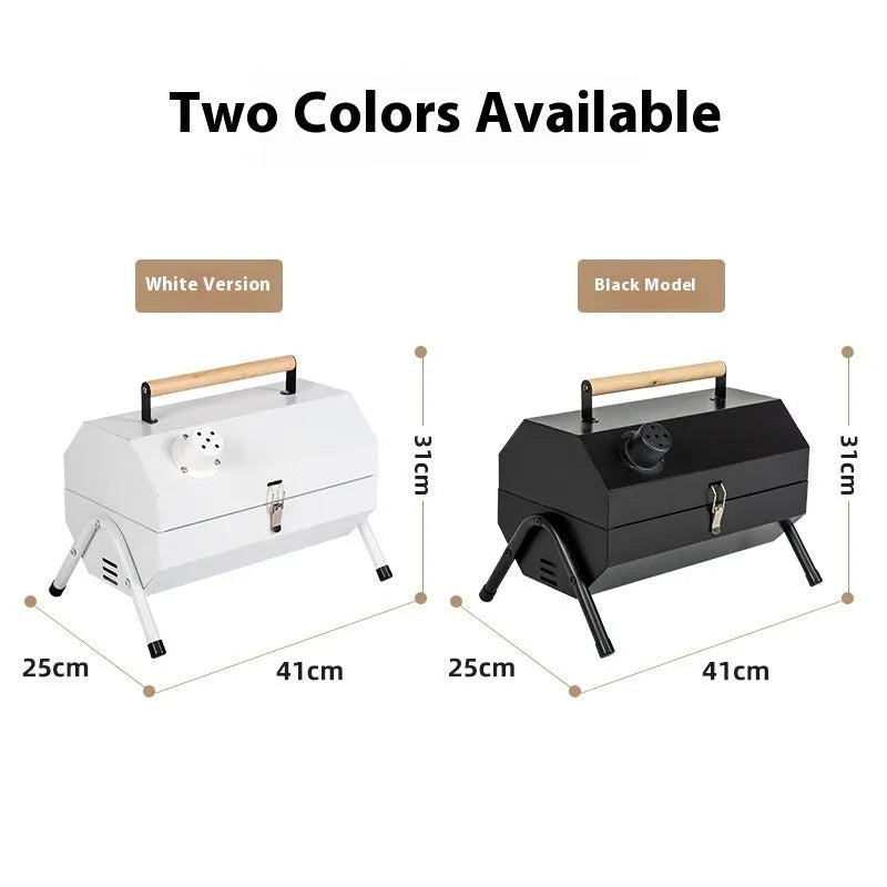 White round portable chimney grill with carbon tanks and mesh for outdoor frying and baking.