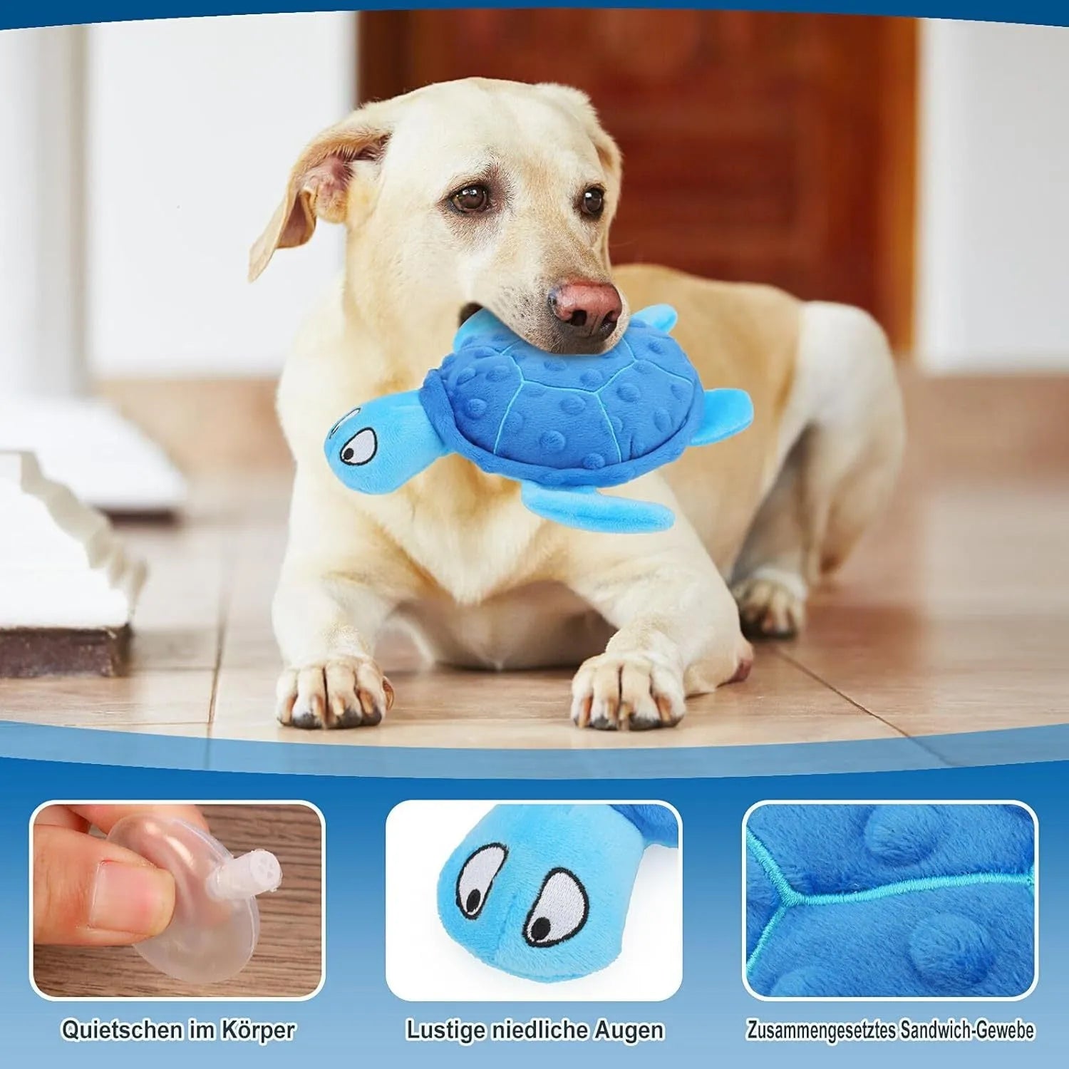 Blue, green, purple, and yellow sea turtle plush dog toy with squeaker for small dogs.