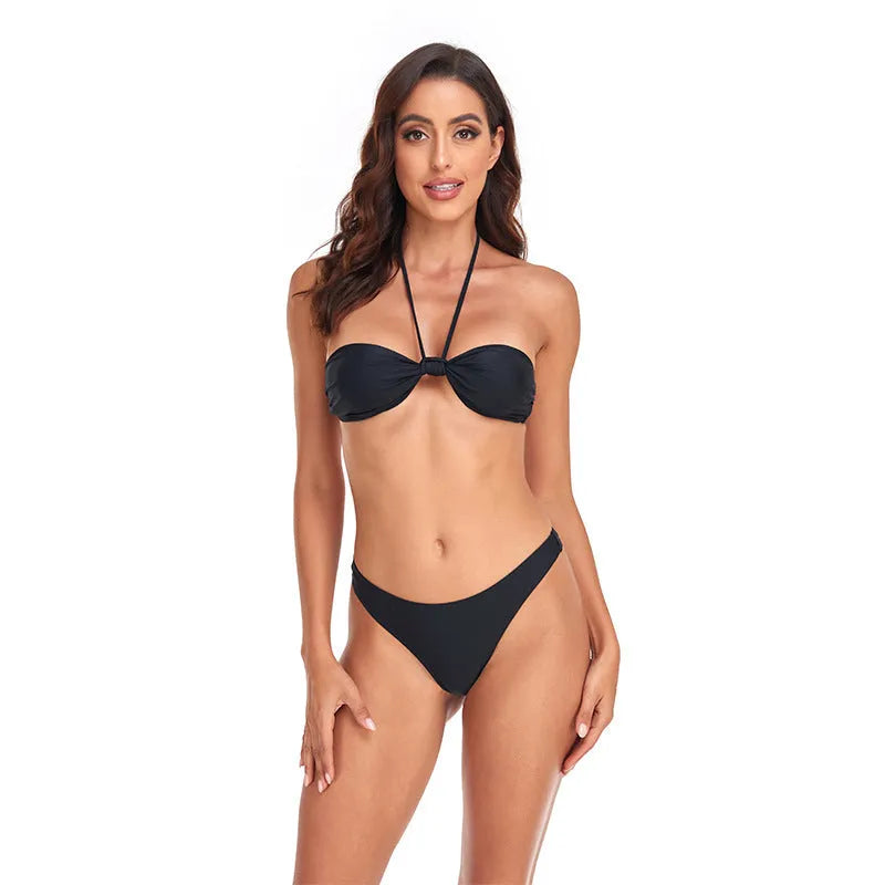 Black women's bikini set with lace-up tube top and briefs on mannequin